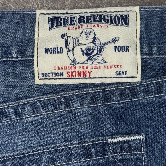 True Religion Mens 40 Skinny Fit Jeans Blue Distressed Denim Designer USA - Picture 11 of 13